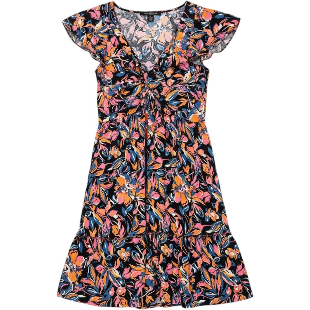 French Connection Floral Twist Front Mini Dress Large Black Pink Orange Boho